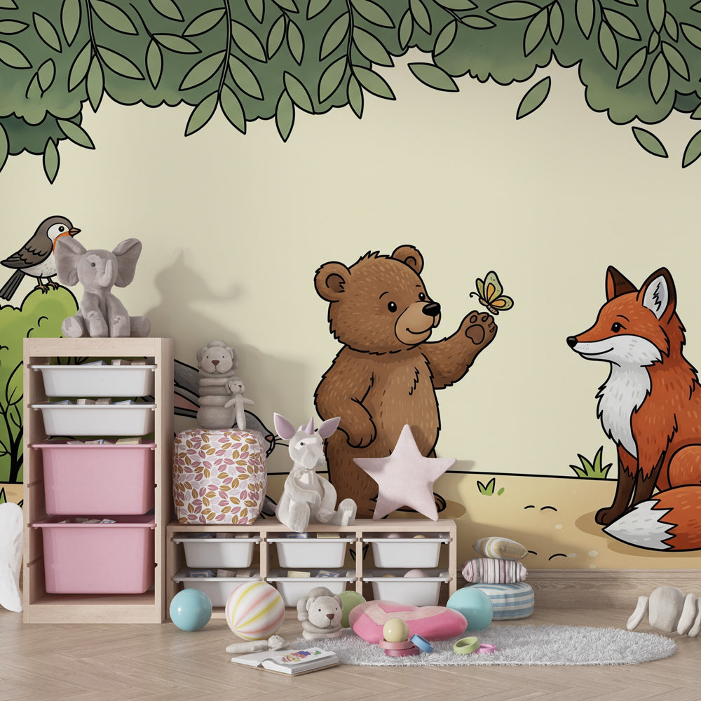 Forest themed mural wallpaper transforming children's playroom into woodland adventure space