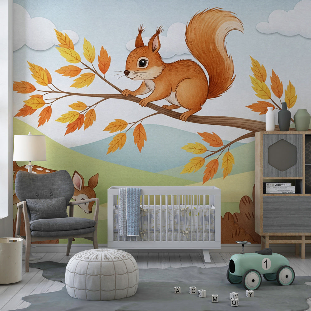 Woodland themed mural wallpaper transforming kids playroom into magical forest retreat