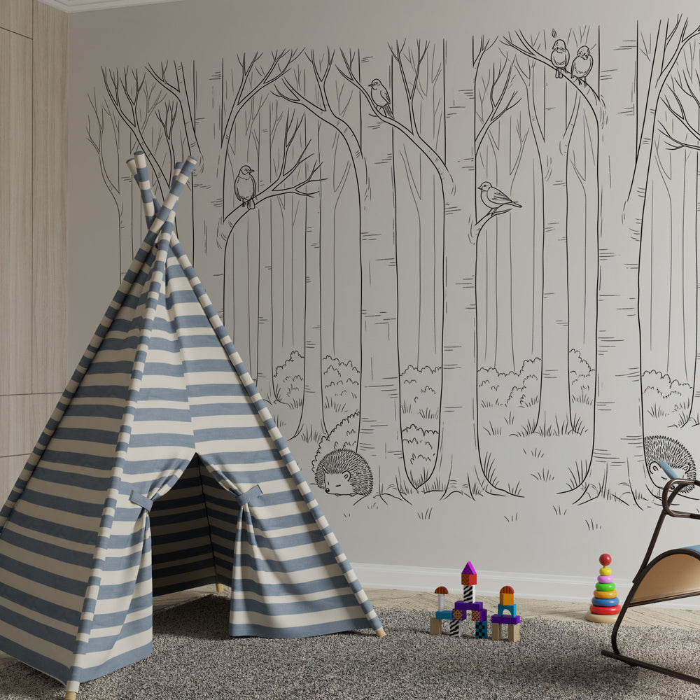 Nature-themed forest wallpaper with singing birds and hedgehogs for kids playroom decor