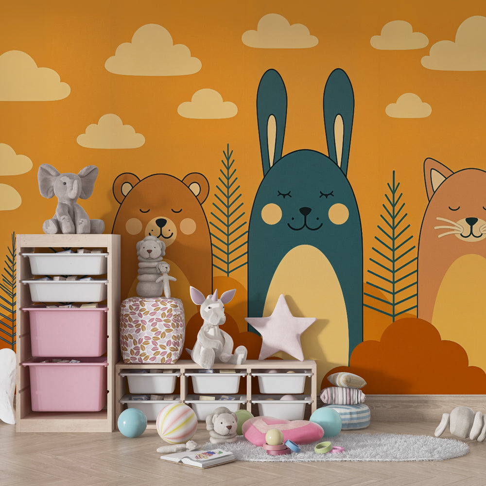 Cartoon forest animals wallpaper in bright playroom setting with orange background by Kids-Mundo