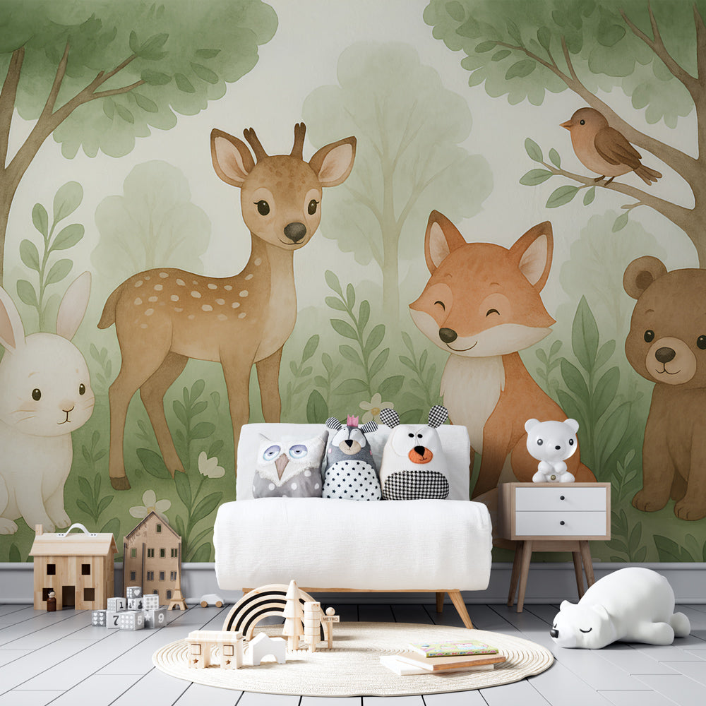 Forest animals wallpaper creating nature-themed playroom with rabbit deer fox bear by Kids-Mundo