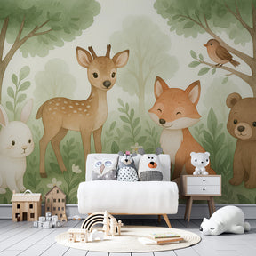 Forest animals wallpaper creating nature-themed playroom with rabbit deer fox bear by Kids-Mundo