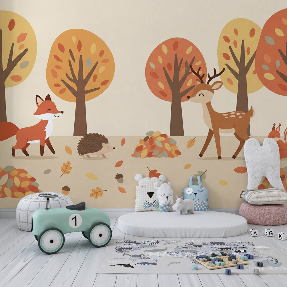 Autumn forest wallpaper with woodland creatures decorating bright kids playroom by Kids-Mundo