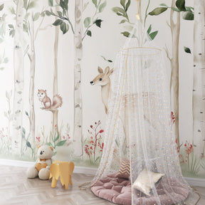 Multicolor forest mural wallpaper creating enchanted playroom atmosphere for kids