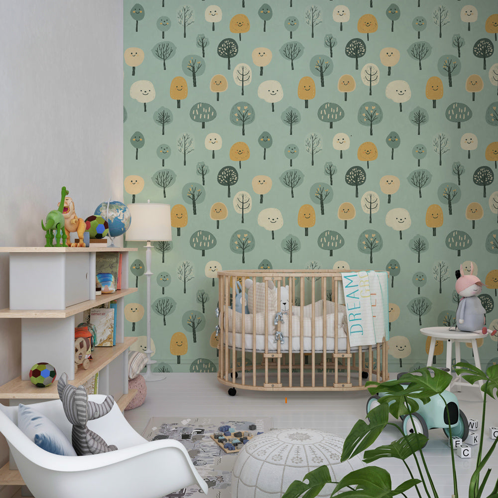 Whimsical forest wallpaper with friendly tree characters in bright kids playroom