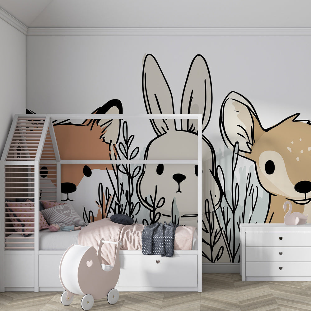 Fox rabbit and fawn mural wallpaper transforming kids playroom into forest adventure
