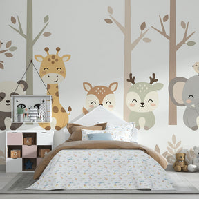 Cute forest animals wallpaper transforming kids playroom into magical woodland space