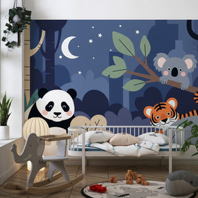 Forest theme mural wallpaper transforming children's room into peaceful nocturnal animal sanctuary