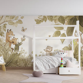 Gentle fox and raccoon mural wallpaper transforming toddler room into forest sanctuary