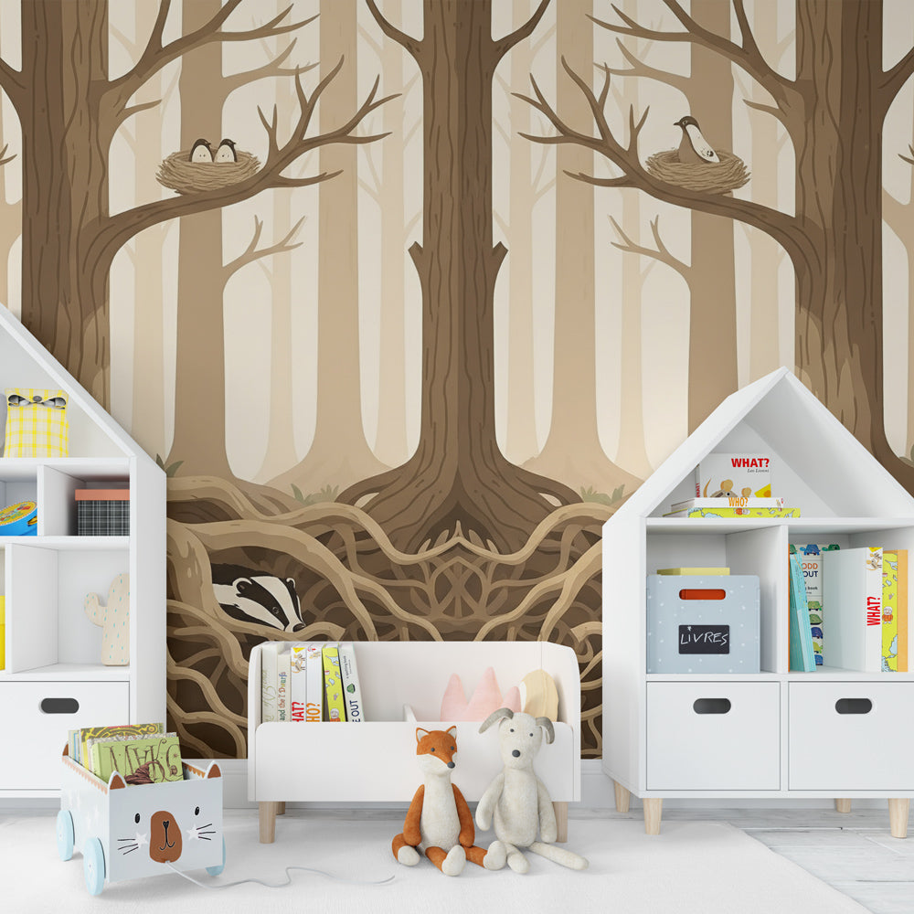Woodland themed mural wallpaper creating tranquil children's bedroom decor with natural furniture