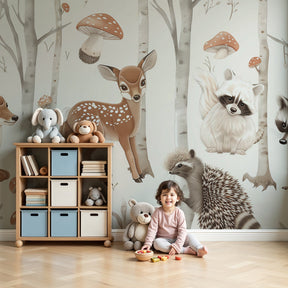 Forest animals mural wallpaper in elegant nursery with woodland creatures and birch trees by Kids-Mundo