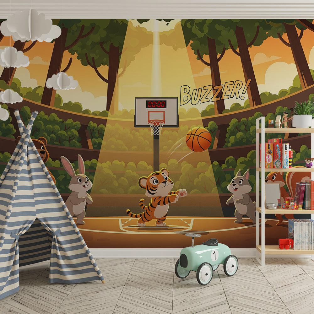 Kids-Mundo forest arena basketball wall mural styled on a kids bedroom feature wall