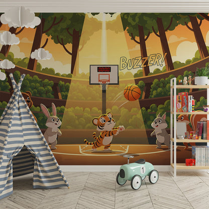 Kids-Mundo forest arena basketball wall mural styled on a kids bedroom feature wall