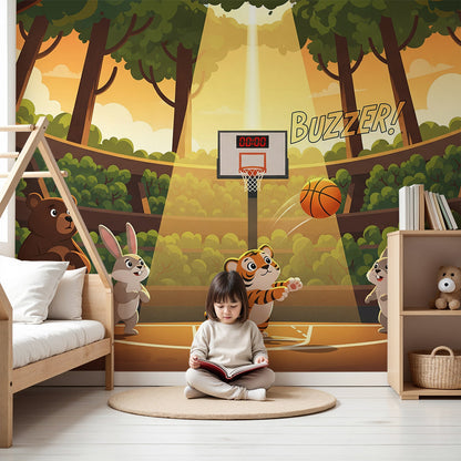 Kids-Mundo forest arena basketball wall mural shown behind a cot in a nursery