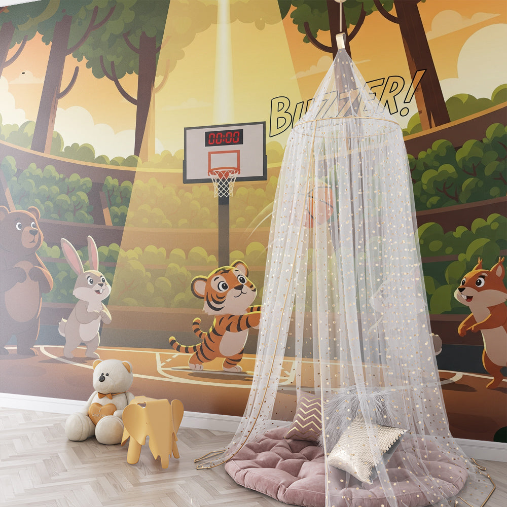 Kids-Mundo forest arena basketball wall mural covering a full wall in a playroom