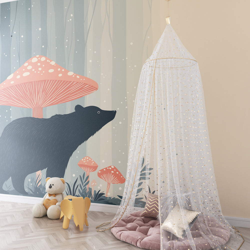 Woodland bear and mushroom wallpaper in cozy children's bedroom setting