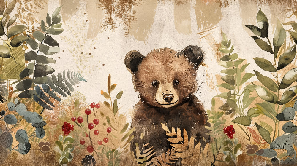 Detailed forest bear mural wallpaper design pattern with ferns and berries by Kids-Mundo