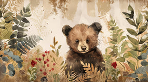 Detailed forest bear mural wallpaper design pattern with ferns and berries by Kids-Mundo