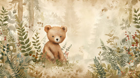 Detailed forest bear mural wallpaper design pattern showing woodland creatures and foliage by Kids-Mundo