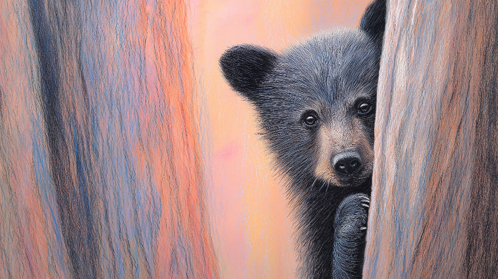 Detailed forest bear cub mural wallpaper design pattern with tree and soft background by Kids-Mundo