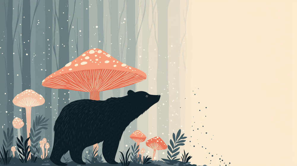 Detailed forest bear and mushroom mural wallpaper design pattern by Kids-Mundo