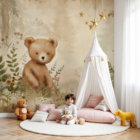 Forest bear mural wallpaper creating enchanted woodland nursery with beige tones by Kids-Mundo