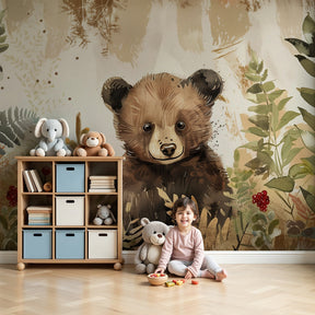 Forest bear mural wallpaper creating enchanted woodland nursery decor by Kids-Mundo