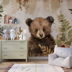 Enchanted forest bear mural wallpaper transforming kids playroom into magical woodland