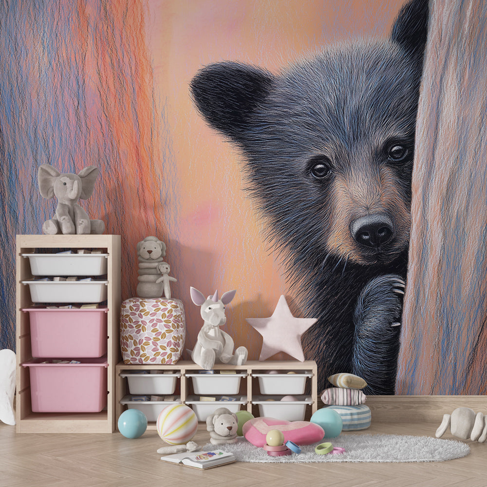 Curious bear mural wallpaper creating woodland theme in cozy children's bedroom decor