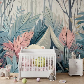 Adorable bears and tropical foliage mural wallpaper transforming kids bedroom into magical forest by Kids-Mundo