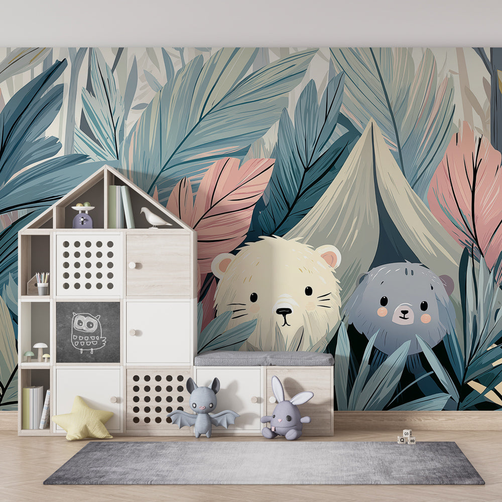 Forest adventure mural wallpaper with bears creating cozy nursery atmosphere for peaceful sleep by Kids-Mundo