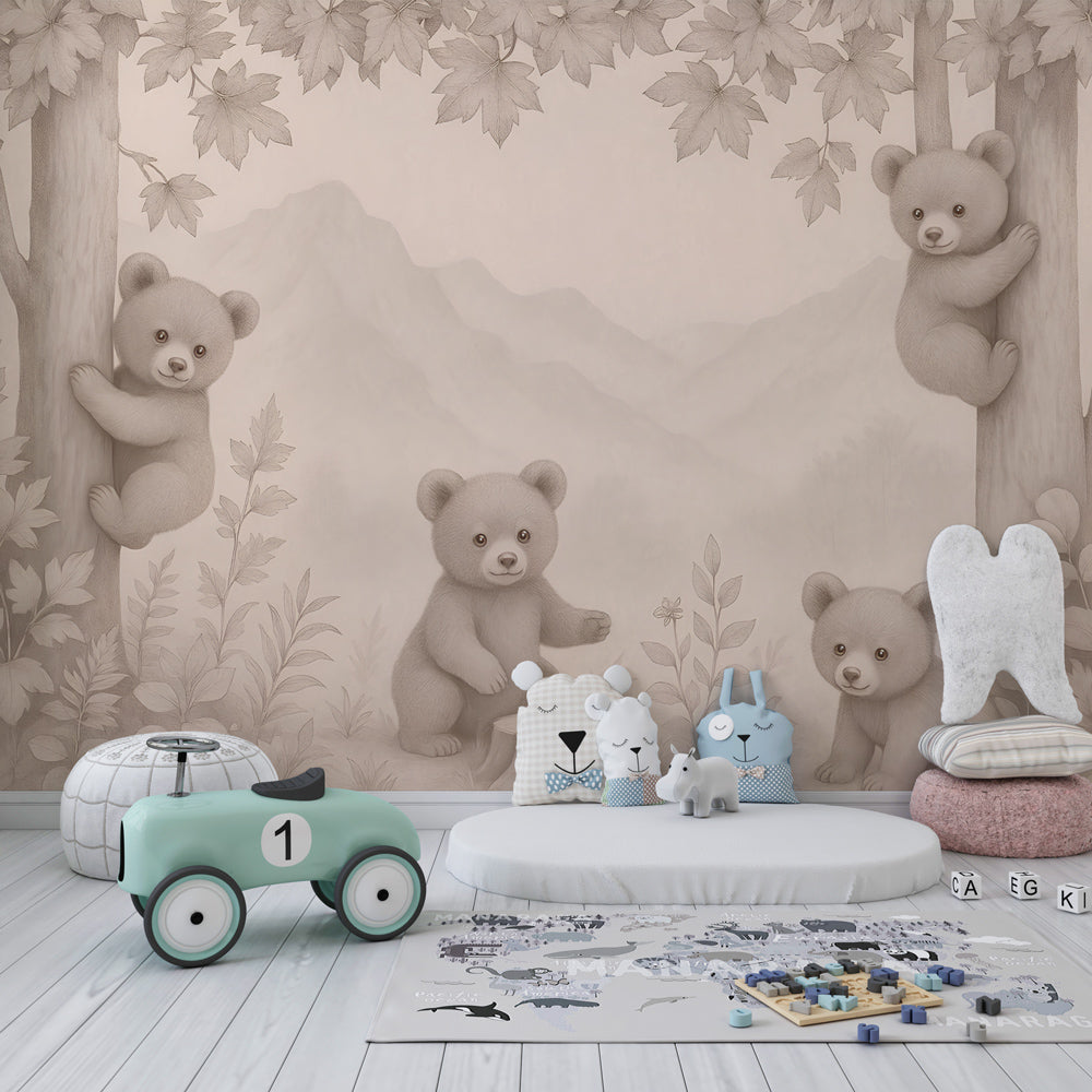Woodland bears wallpaper creating peaceful children's bedroom decor with natural tones