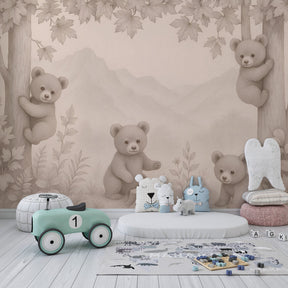 Woodland bears wallpaper creating peaceful children's bedroom decor with natural tones