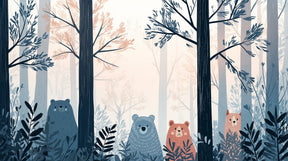 Detailed forest bears mural wallpaper design pattern with woodland trees by Kids-Mundo