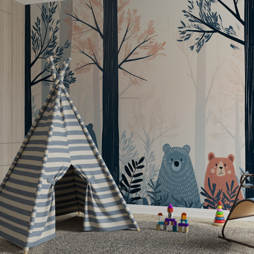 Forest animal mural wallpaper paired with natural wood furniture in children's room