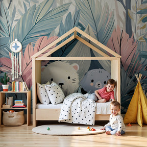 Forest bears mural wallpaper in modern nursery with tropical plants creating peaceful baby room by Kids-Mundo