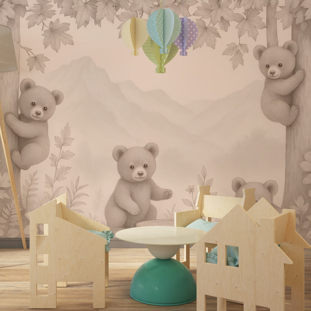 Bear-themed mural wallpaper transforming kids playroom into forest sanctuary