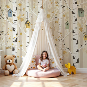 Forest birdhouse mural wallpaper in modern nursery with natural wood furniture by Kids-Mundo