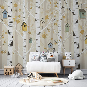 Woodland birdhouse wallpaper transforming kids playroom with nature-inspired design