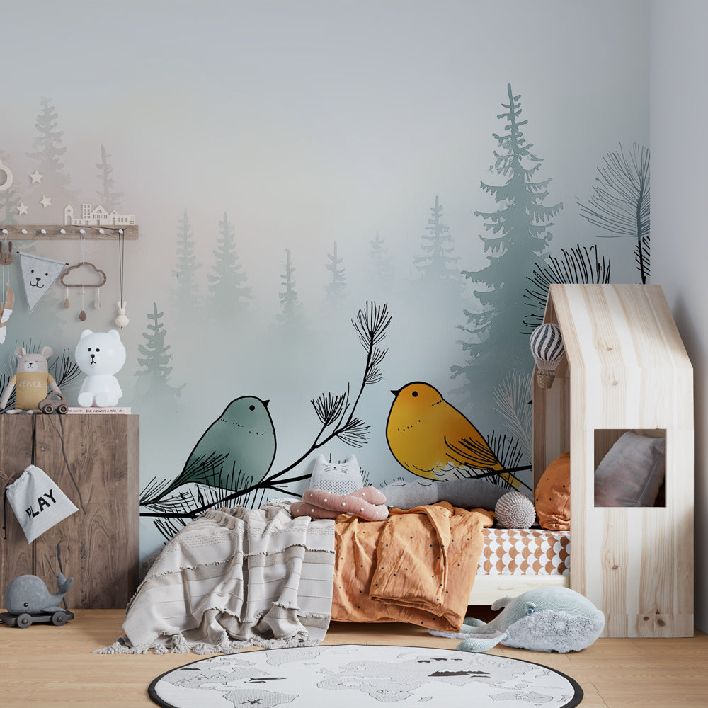 Colorful birds wallpaper transforming kids bedroom with misty forest atmosphere