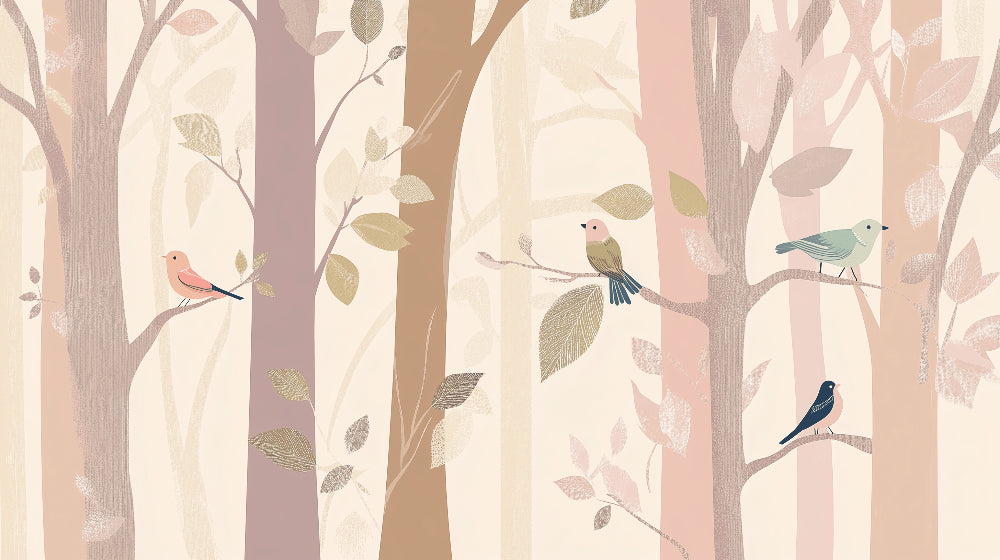 Detailed enchanted forest mural wallpaper design pattern with birds and pastel trees by Kids-Mundo