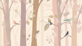 Detailed enchanted forest mural wallpaper design pattern with birds and pastel trees by Kids-Mundo