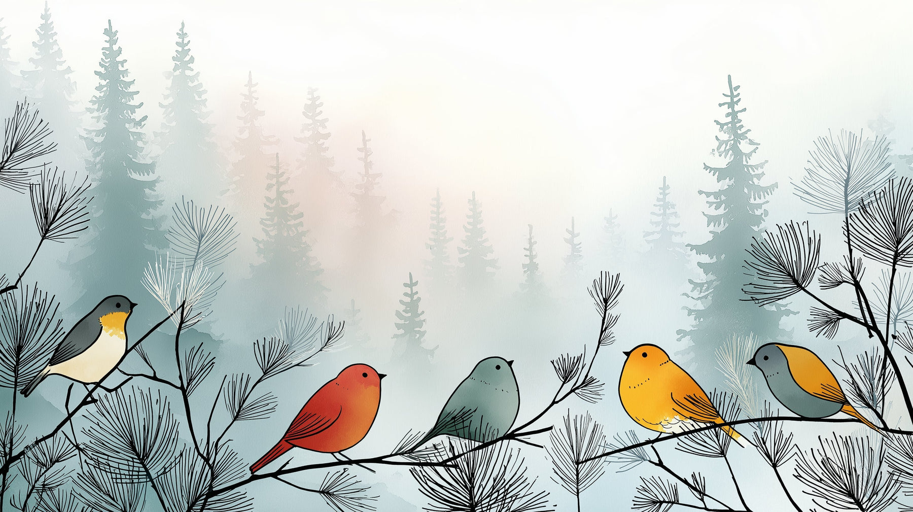 Detailed colorful forest birds mural wallpaper design pattern with tree branches by Kids-Mundo