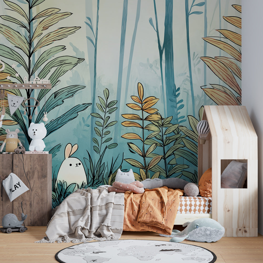 Enchanted forest bunny wallpaper in modern kids bedroom with natural wood furniture