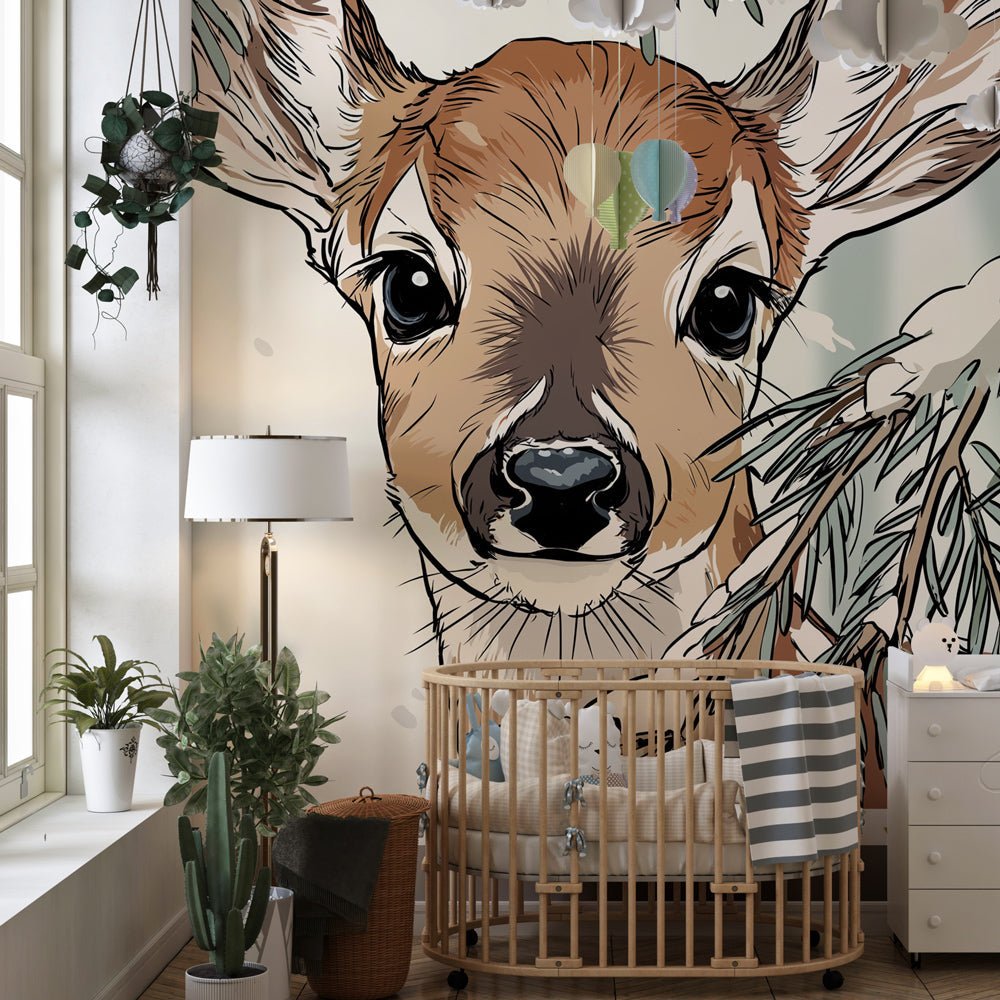 Snow forest deer wallpaper transforming children's bedroom into magical woodland sanctuary