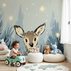 Enchanting deer mural wallpaper with snowflakes and stars for peaceful baby room by Kids-Mundo
