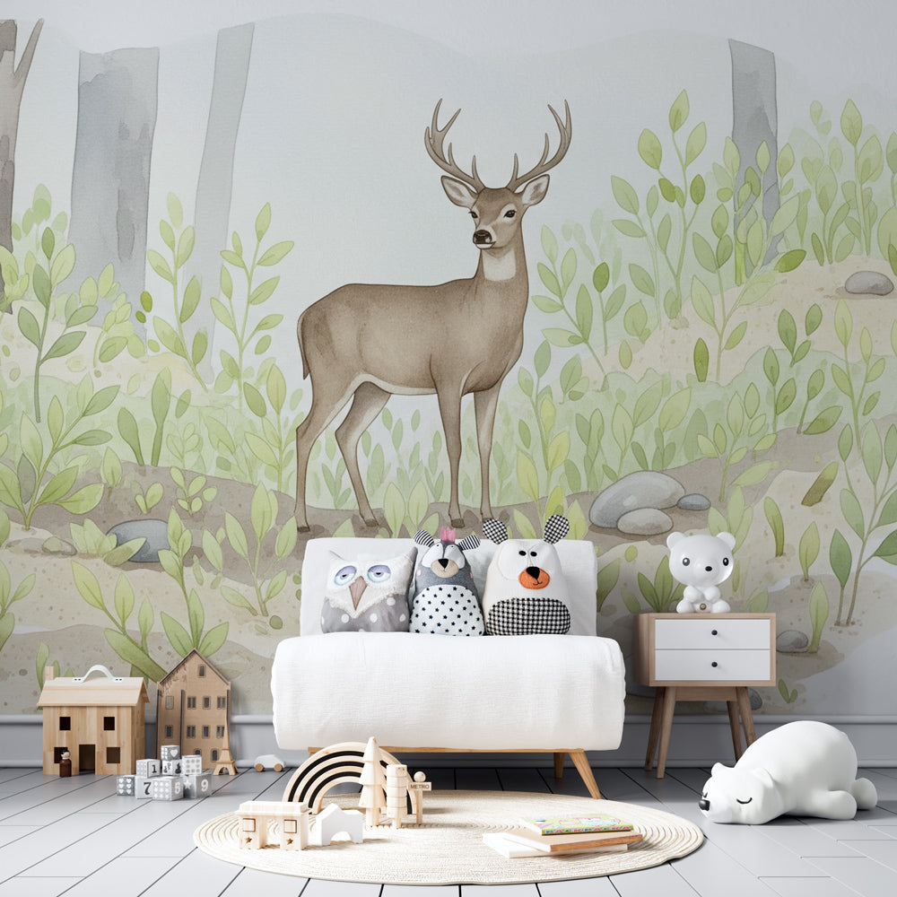 Majestic deer wallpaper transforming children's bedroom into nature sanctuary