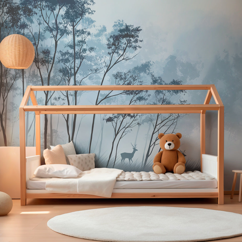 Blue forest deer wallpaper transforming children's bedroom into serene woodland sanctuary