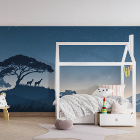 Starry night forest mural wallpaper in calming blue tones for kids room by Kids-Mundo