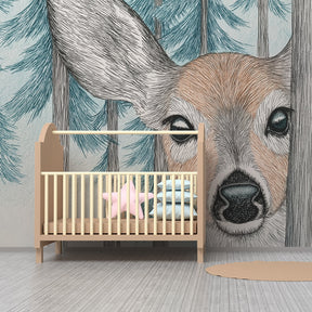 Close-up view of curious deer mural wallpaper showing gentle woodland details